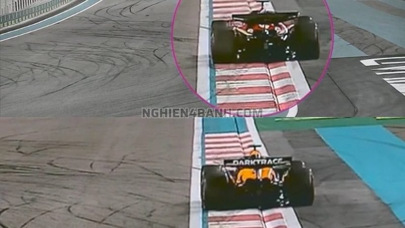 Leclerc (trên) bị xóa lap time vì track limit, Piastri (dưới) thì không vì lốp xe vẫn chạm vạch trắng Leclerc (trên) bị xóa lap time vì track limit, Piastri (dưới) thì không vì lốp xe vẫn chạm vạch trắng